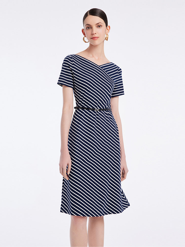 Knitted Stripe Midi Dress With Leather Belt