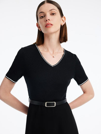 Gathered Waist Acetate Midi Black Dress With Leather Belt