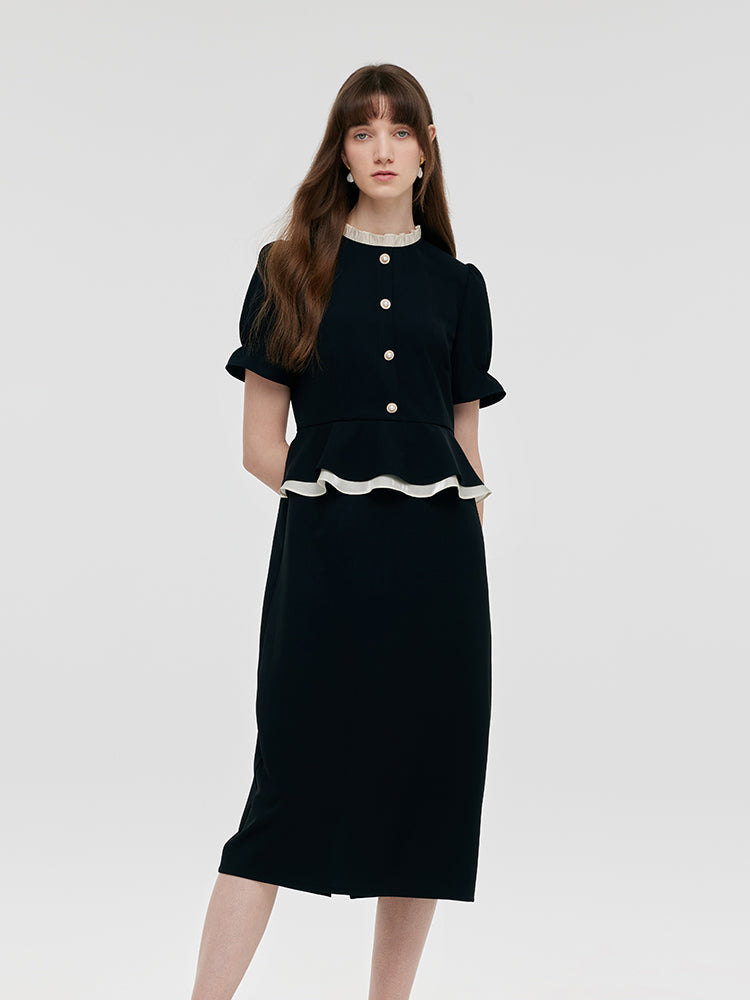 Ruffle Patchwork Round Neck Women Midi Dress