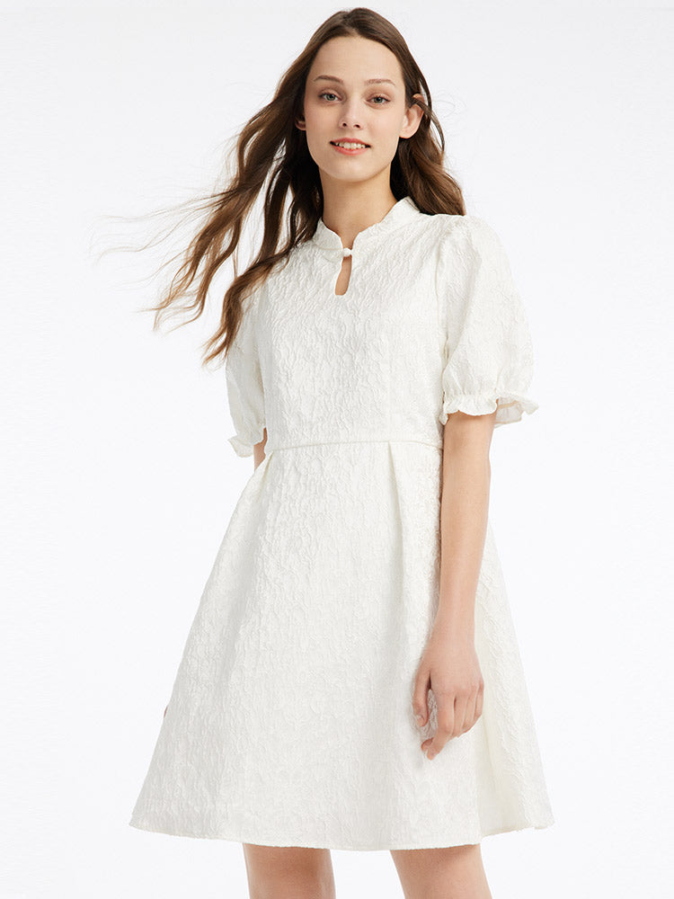 White Cheongsam Qipao Jacquard Puff Sleeve Midi Dress