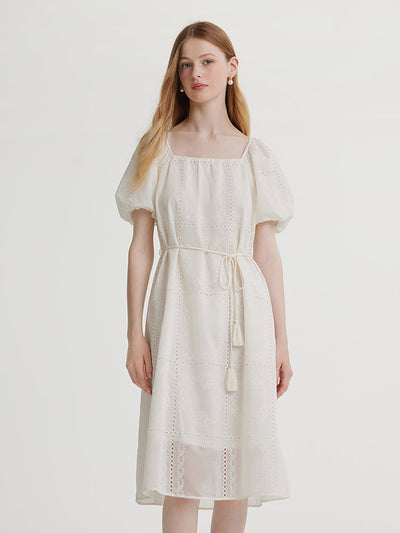 Square Neck Embroidered Midi Dress With Belt