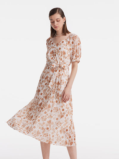 Rose Printed Puff Sleeves Women Midi Dress With Belt