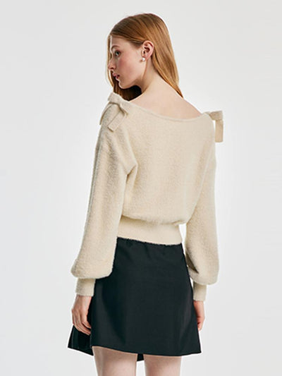 V-neck Tencel And Woolen Sweater With Bows