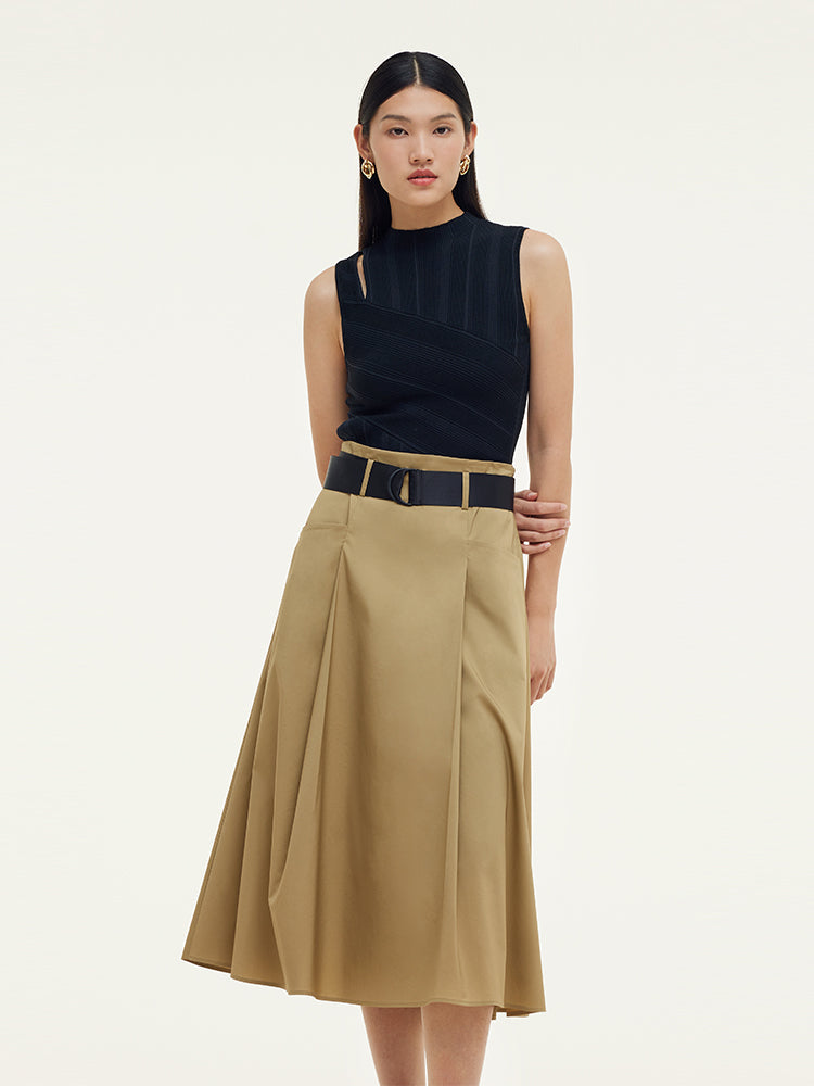 A-Line Women Pleated Midi Skirt With Belt