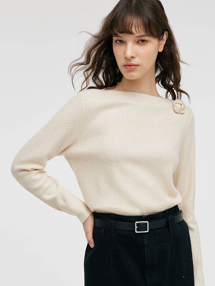 Off Shoulder Women Sweater With Detachable 3D Rose