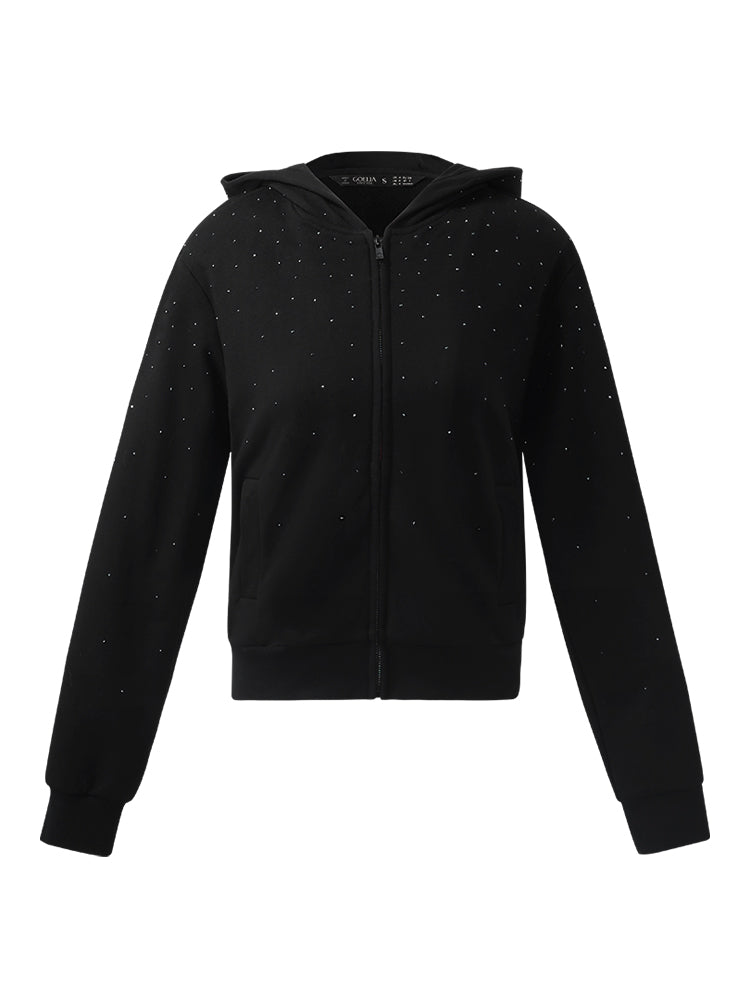 Rhinestone Knitted Women Crop Zip Hoodie