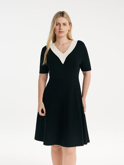 Contrast V-Neck Slim Knitted Women Midi Dress