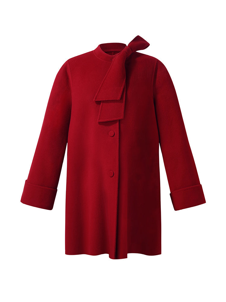 Tencel Wool Women Coat With Detachable Bowknot