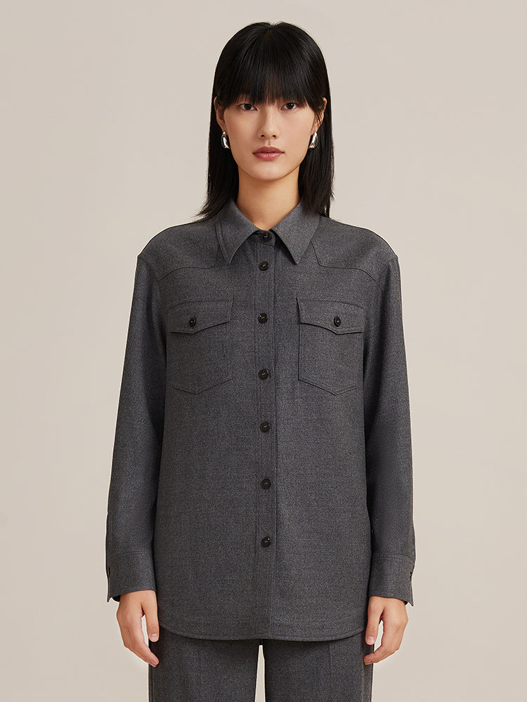 Grey Wool Shirt-Style Women Jacket