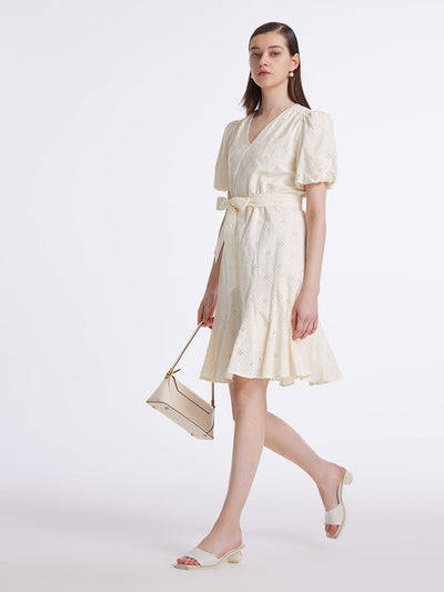 Puff Sleeves Ruffle Embroidered Women Mini Dress With Belt