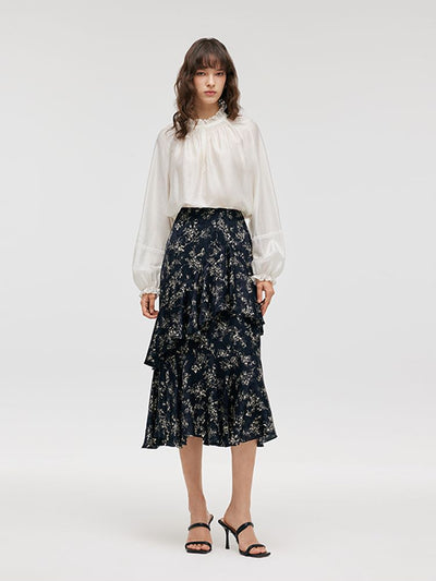 Floral Printed Ruffle Trim Women Half Skirt