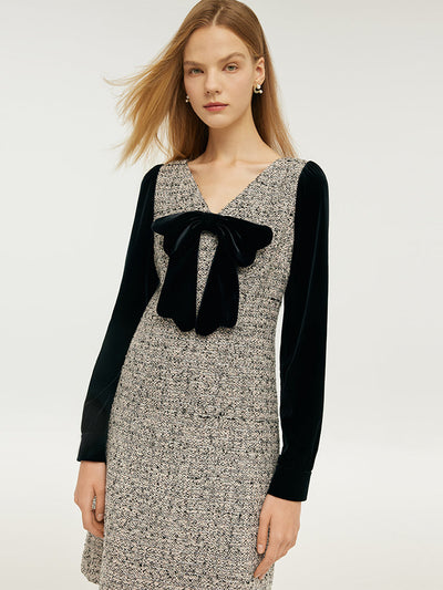 Wool Blend Patchwork Velvet Women Mini Dress With Detachable Bowknot