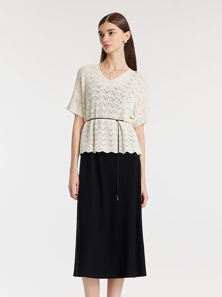 Openwork Knit Top And Strap Dress Two-Piece Set With Rope Belt