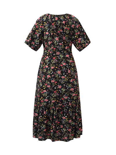 16 Momme Mulberry Silk Cut-Out Rose Printed Women Midi Dress