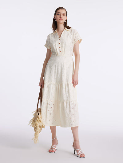 Embroidered V-Neck Lapel Women Maxi Dress