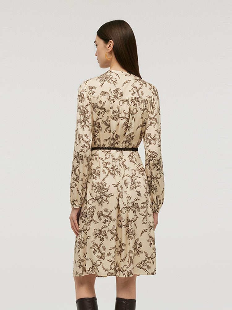 19 Momme Mulberry Silk Round Neck Printed Women Midi Dress With Belt