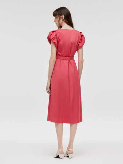 U-Neck Women Midi Dress With Belt