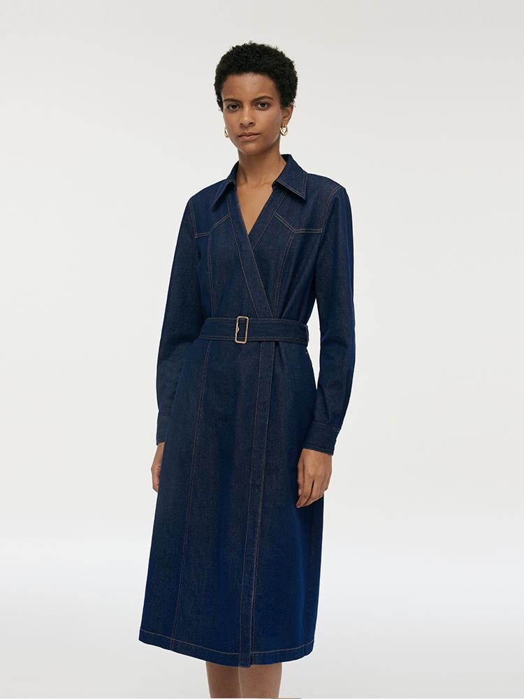 Denim Lapel Women Midi Dress With Belt