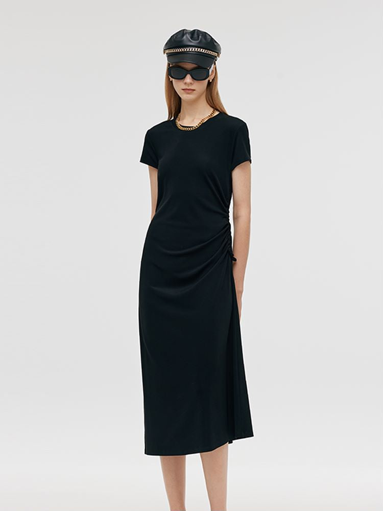 Round Neck Drawstring Waist Women Midi Dress