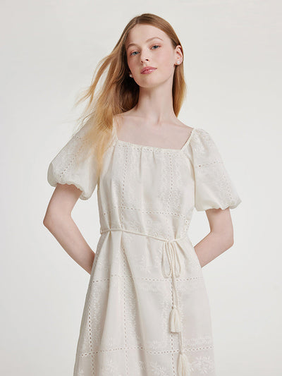 Square Neck Embroidered Midi Dress With Belt