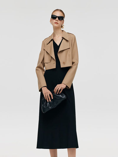 Worsted Wool Lapel Cropped Trench Coat And Acetate Midi Dress Two-Piece Set