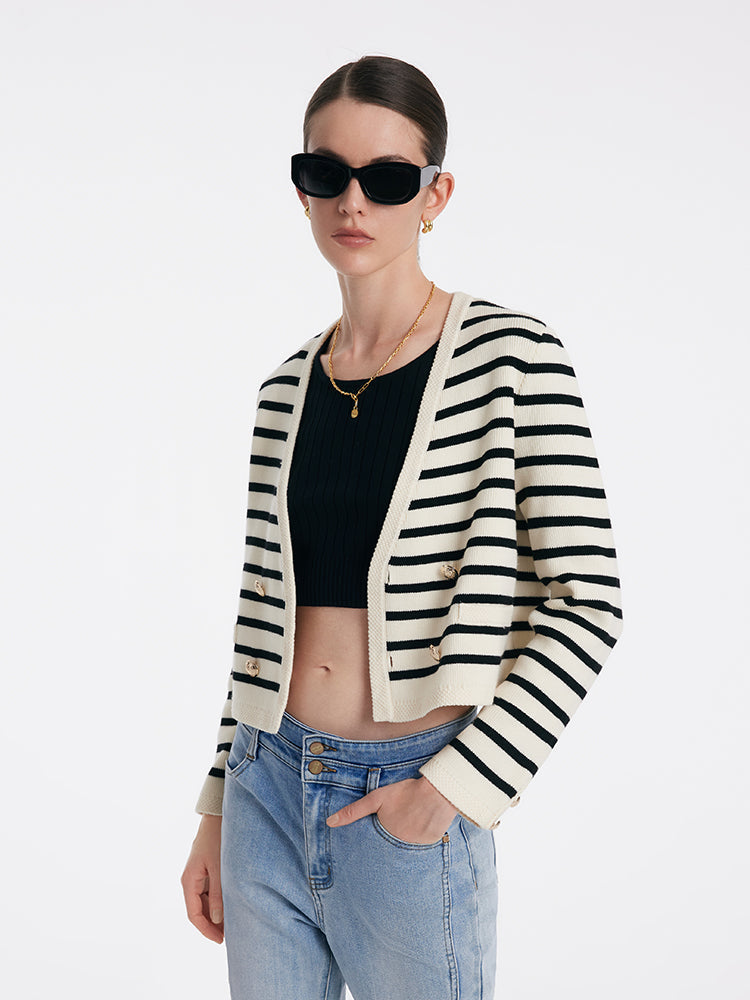 V-Neck Striped Double-Breasted Knitted Cardigan