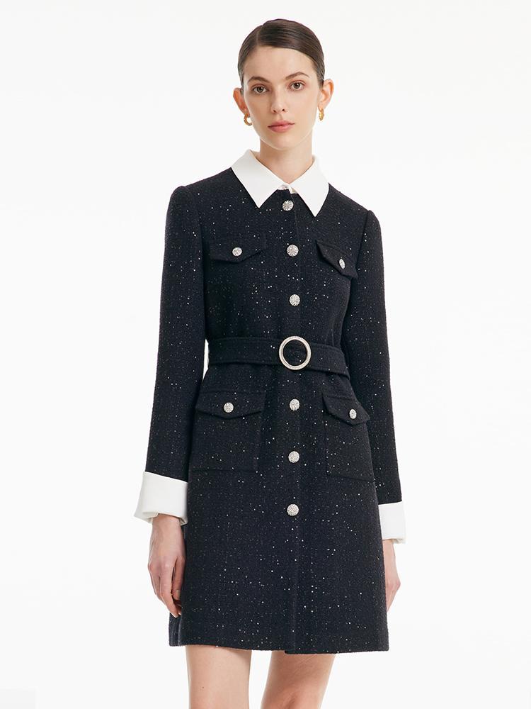 Removable Collar Tweed Waist-cinching Woolen Dress