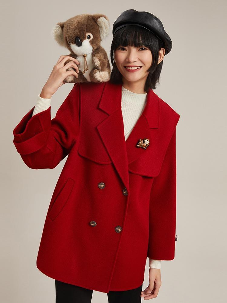 Tencel Woolen Double-Faced Coat With Detachable Shawl And Brooch