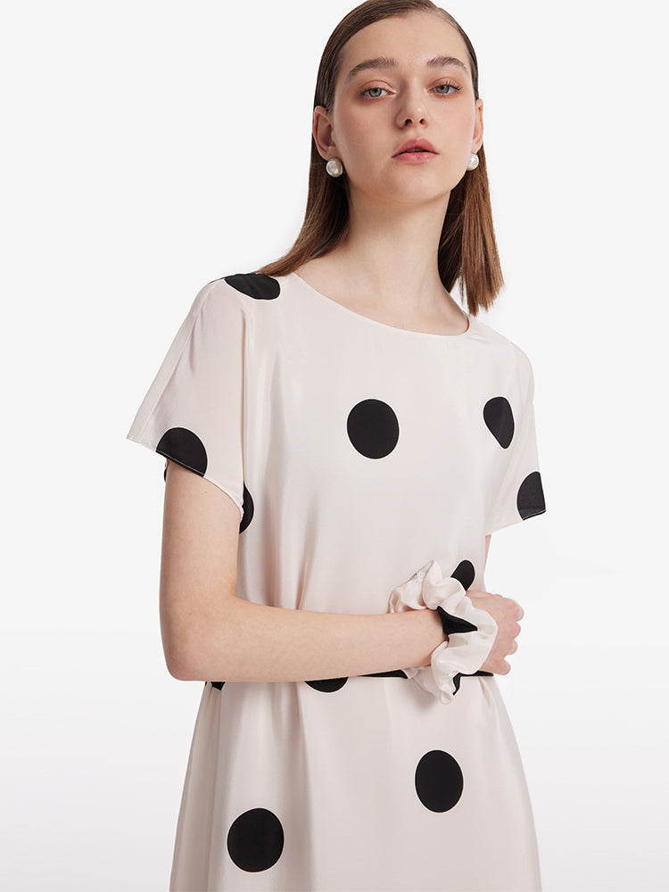 16 Momme Mulberry Silk Boat Neck Polka Dots Printed Women Midi Dress With Belt And Scrunchie