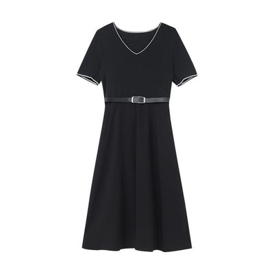 Gathered Waist Acetate Midi Black Dress With Leather Belt