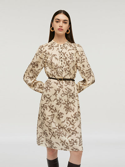 19 Momme Mulberry Silk Round Neck Printed Women Midi Dress With Belt