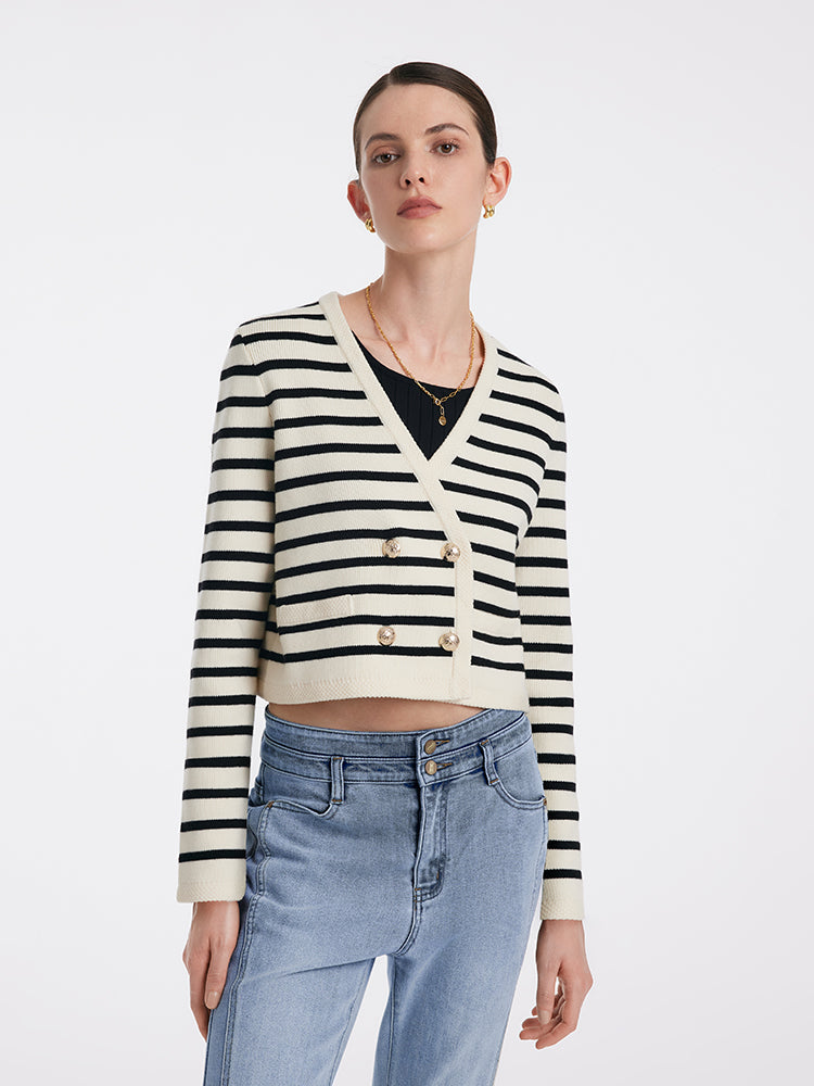 V-Neck Striped Double-Breasted Knitted Cardigan