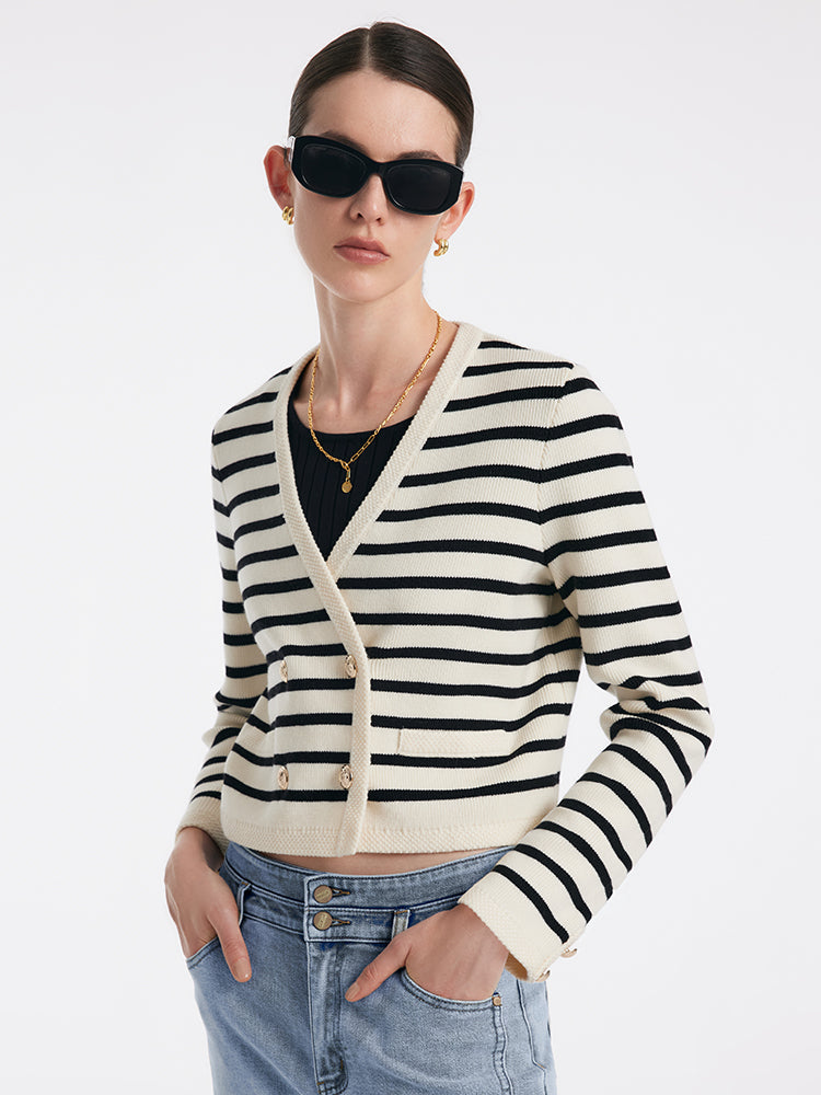 V-Neck Striped Double-Breasted Knitted Cardigan