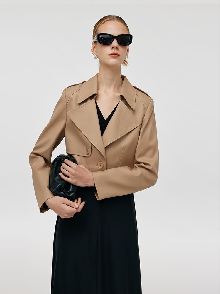 Worsted Wool Lapel Cropped Trench Coat And Acetate Midi Dress Two-Piece Set