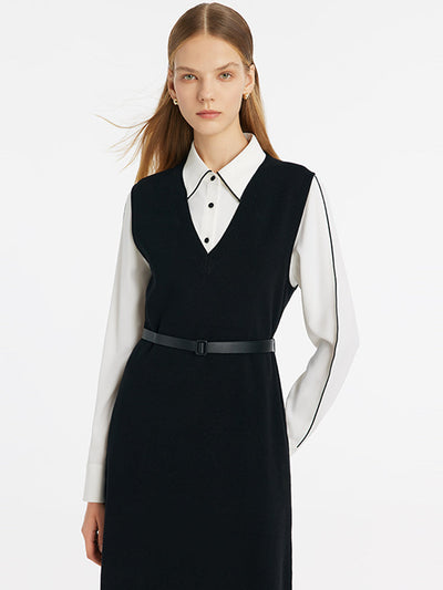 Contrast Trim Shirt And Knitted Vest Dress Two-Piece Set