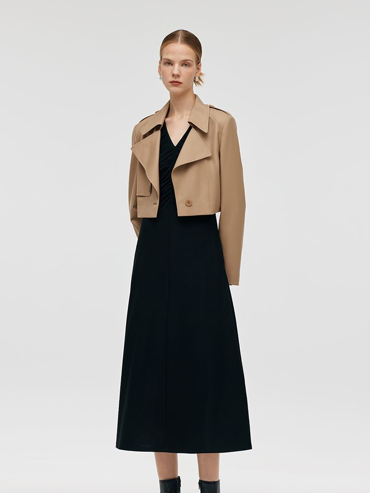 Worsted Wool Lapel Cropped Trench Coat And Acetate Midi Dress Two-Piece Set