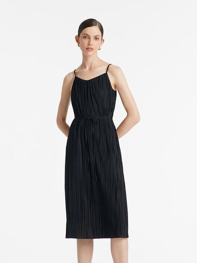 Pleated Spaghetti Strap Midi Dress And Knitted Openwork Cardigan Two-Piece Set