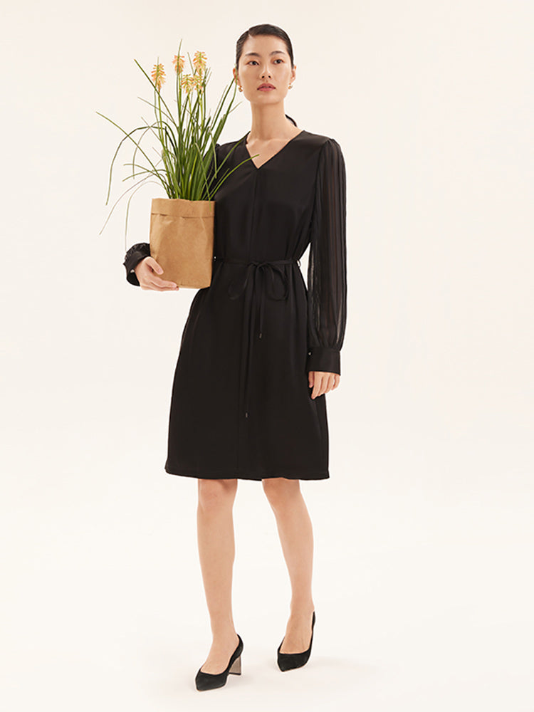 Triacetate V-Neck Long Sleeve Midi Dress