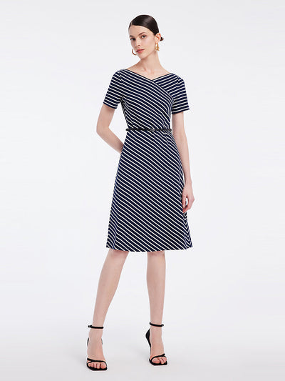 Knitted Stripe Midi Dress With Leather Belt