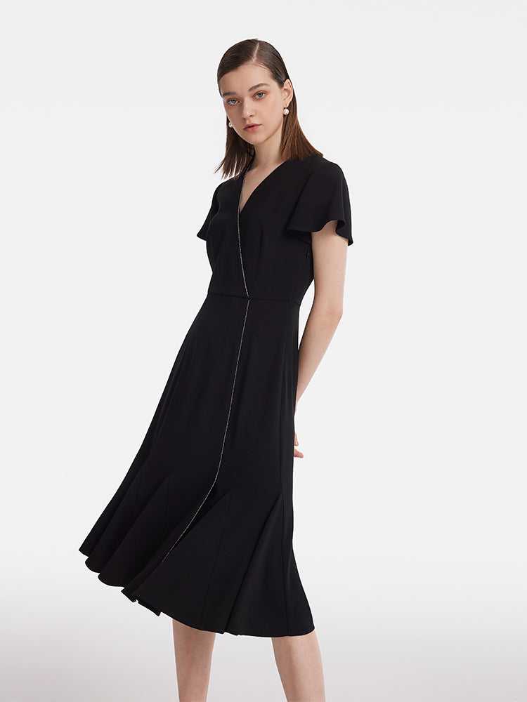 Triacetate V-Neck Ruffle Women Midi Dress