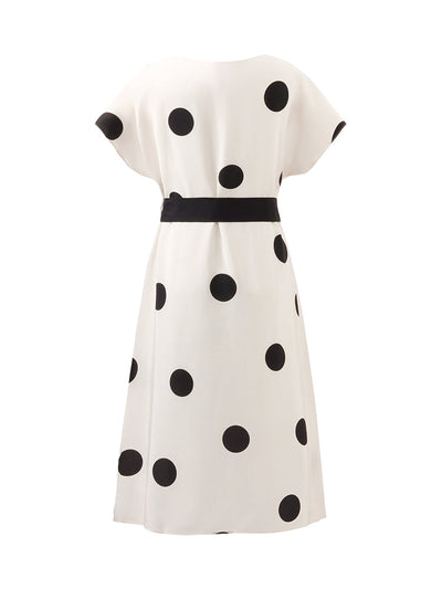 16 Momme Mulberry Silk Boat Neck Polka Dots Printed Women Midi Dress With Belt And Scrunchie