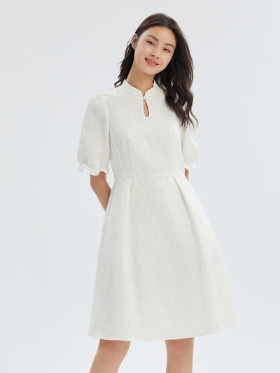 White Cheongsam Qipao Jacquard Puff Sleeve Midi Dress