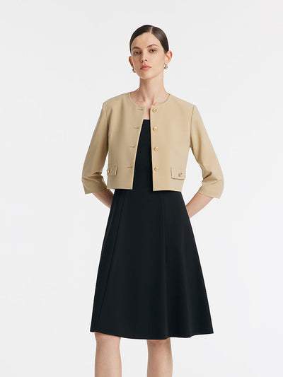 Single-Breasted Crop Jacket And Vest Midi Dress Two-Piece Set