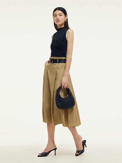 A-Line Women Pleated Midi Skirt With Belt