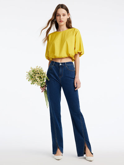 Yellow Crop Round Neck Blouse