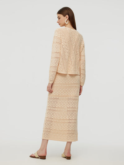 100% Cotton Openwork Cardigan And Skirt Two-Piece Set