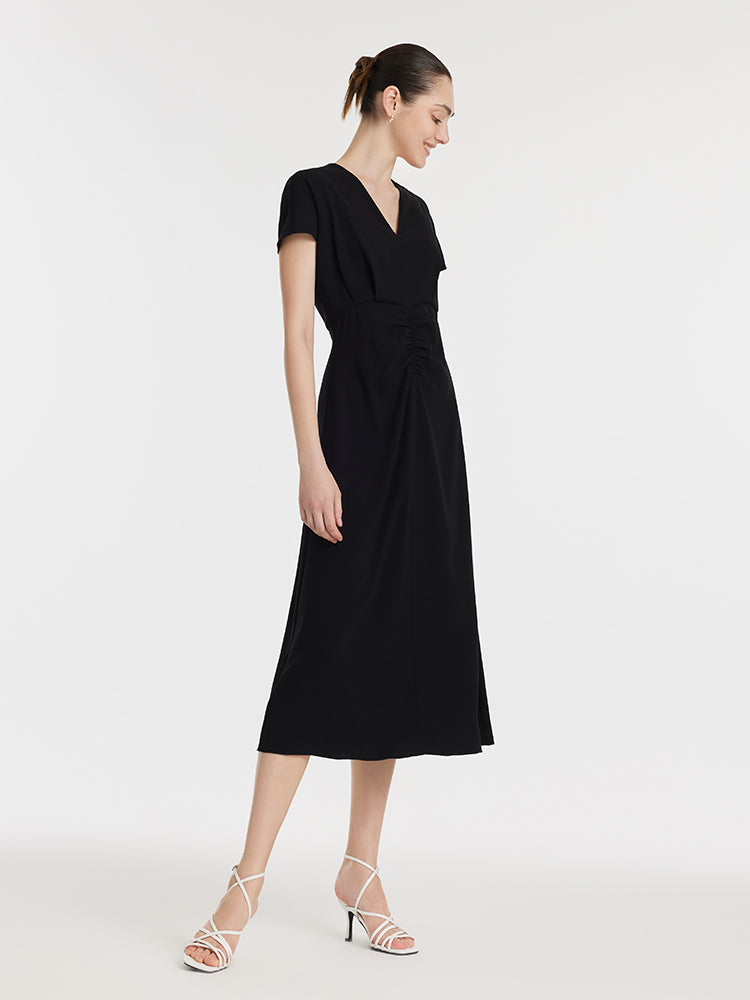 Triacetate V-Neck Ruched Women Midi Dress