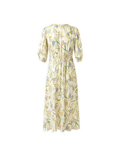 19 Momme Mulberry Silk Iris Printed V-Neck Women Midi Dress With Sleep Mask And Scrunchie