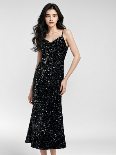 Velvet Sequins Women Strap Midi Dress