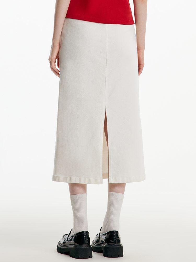 Split White Denim Long Skirt With Belt